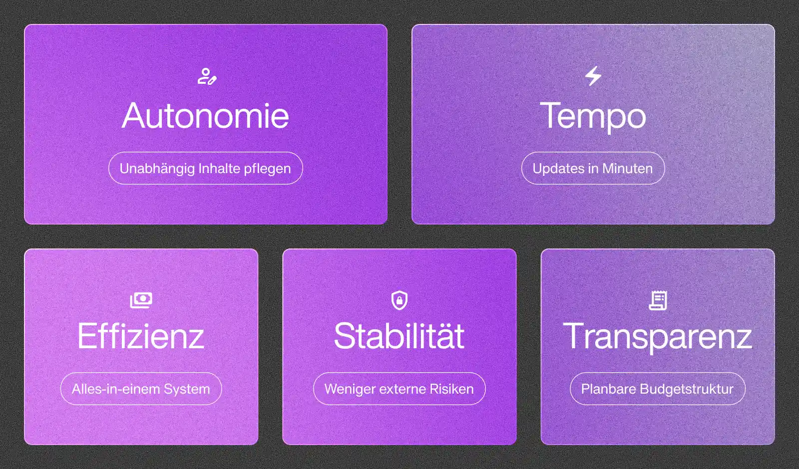 Fünf lilafarbene Kacheln mit Icons und den Begriffen: Autonomie, Tempo, Effizienz, Stabilität und Transparenz – jeweils mit kurzen Untertiteln zu Webflow-Vorteilen.