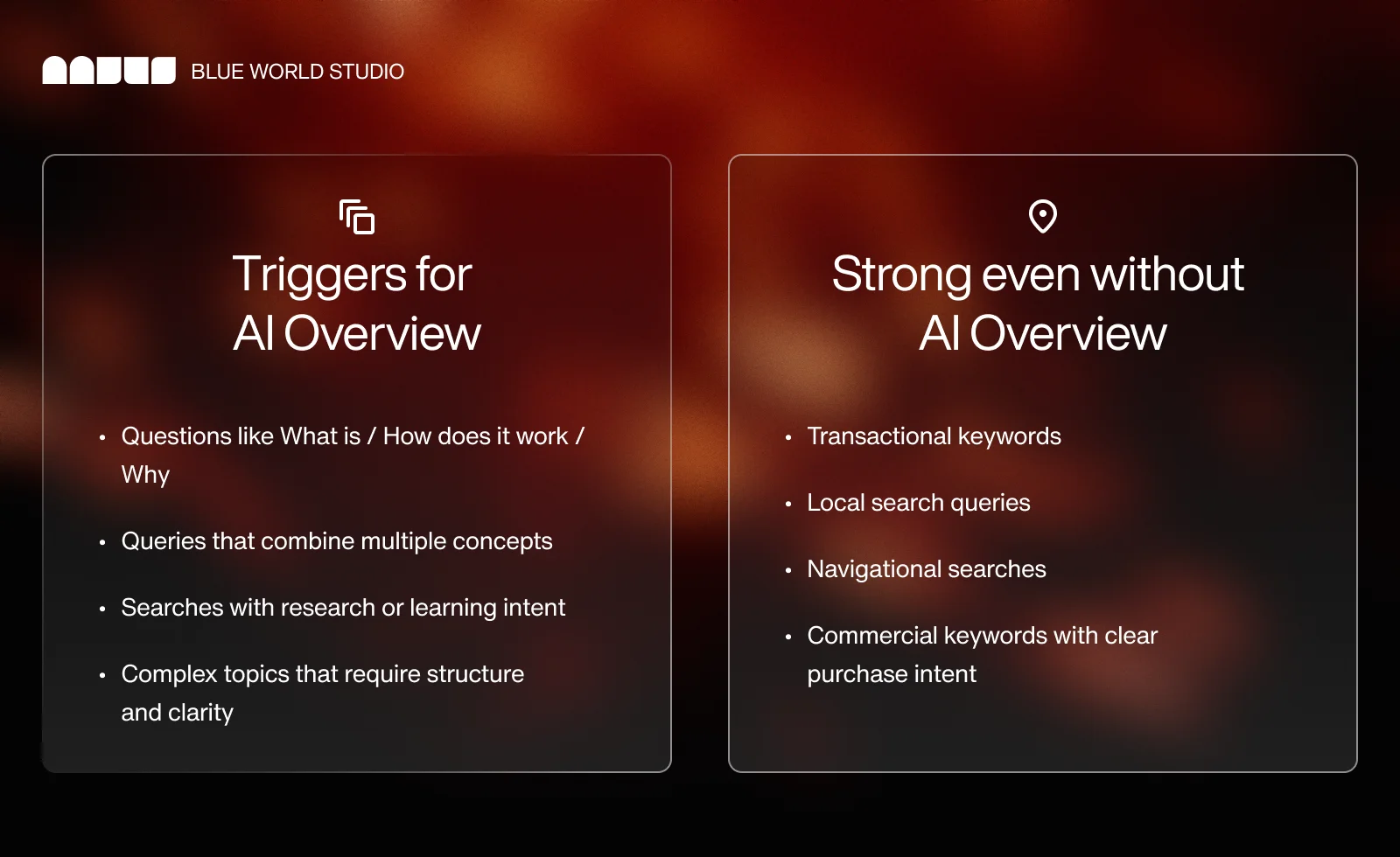 Vergleichsgrafik: Suchanfragen, die AI Overview auslösen, versus transaktionale und lokale Suchen ohne AI Overview