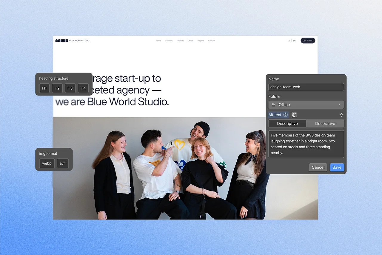 Web design interface showing SEO elements like heading structure, image formats and alt text settings above a team photo