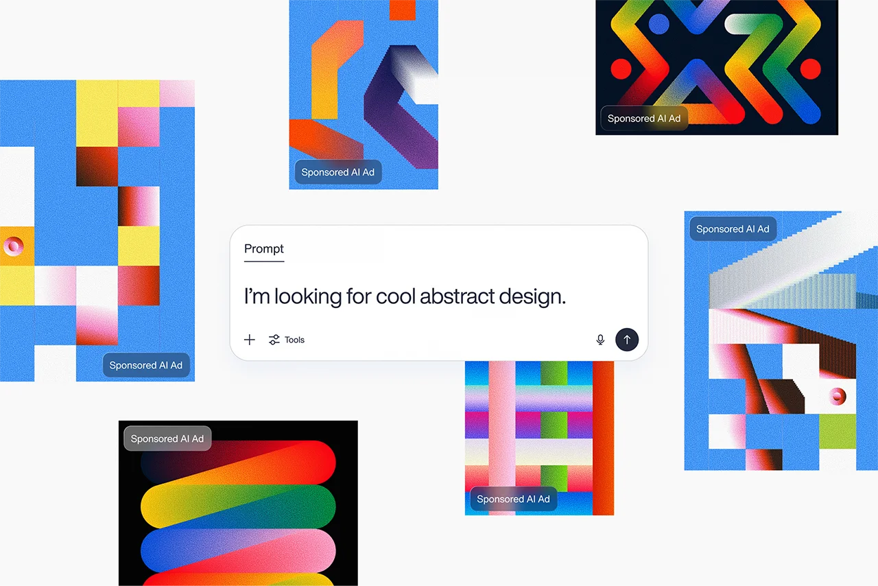 ChatGPT interface with a prompt and generated abstract design images labelled as sponsored AI ads