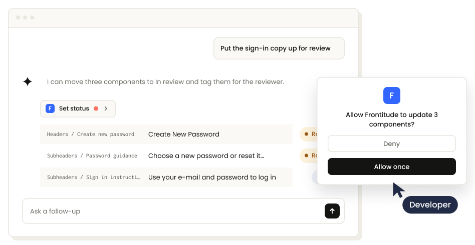 An approval prompt before an agent hands copy off for review, recorded under the person's own name.