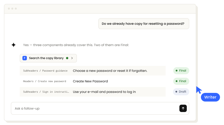 An agent searching the copy library and finding an existing, approved match instead of drafting a new string.