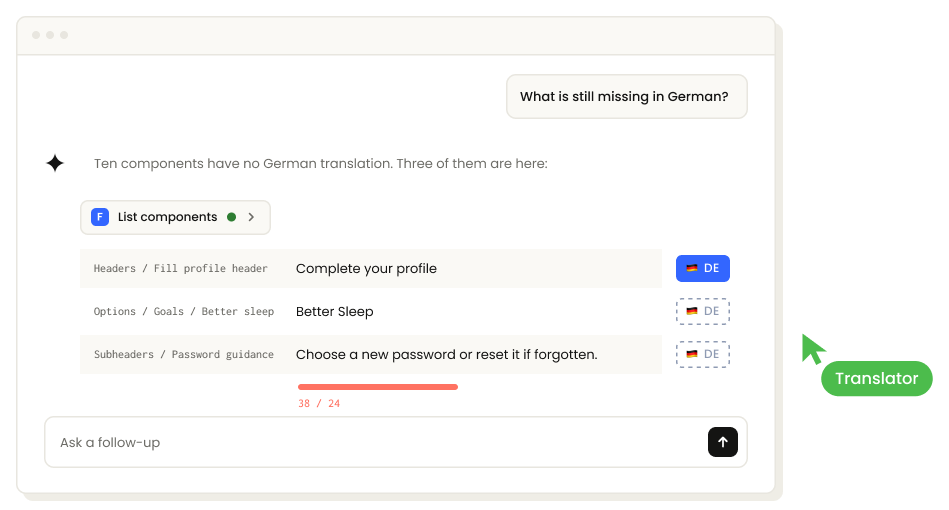 An agent checking translation coverage and measuring a string against its character limit before translating.