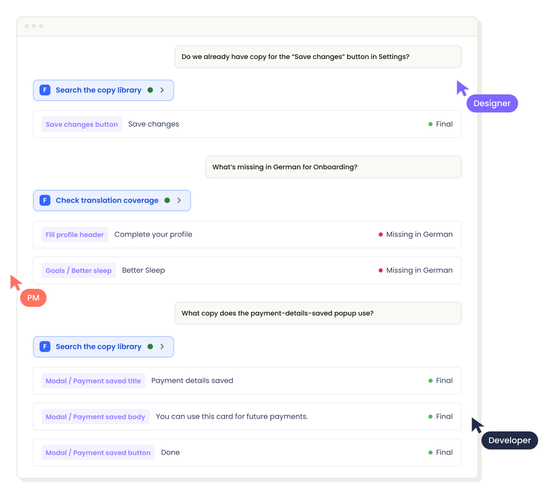A designer, a PM and a developer each asking Frontitude MCP a question inside their AI tool, and getting a real, approved answer back.