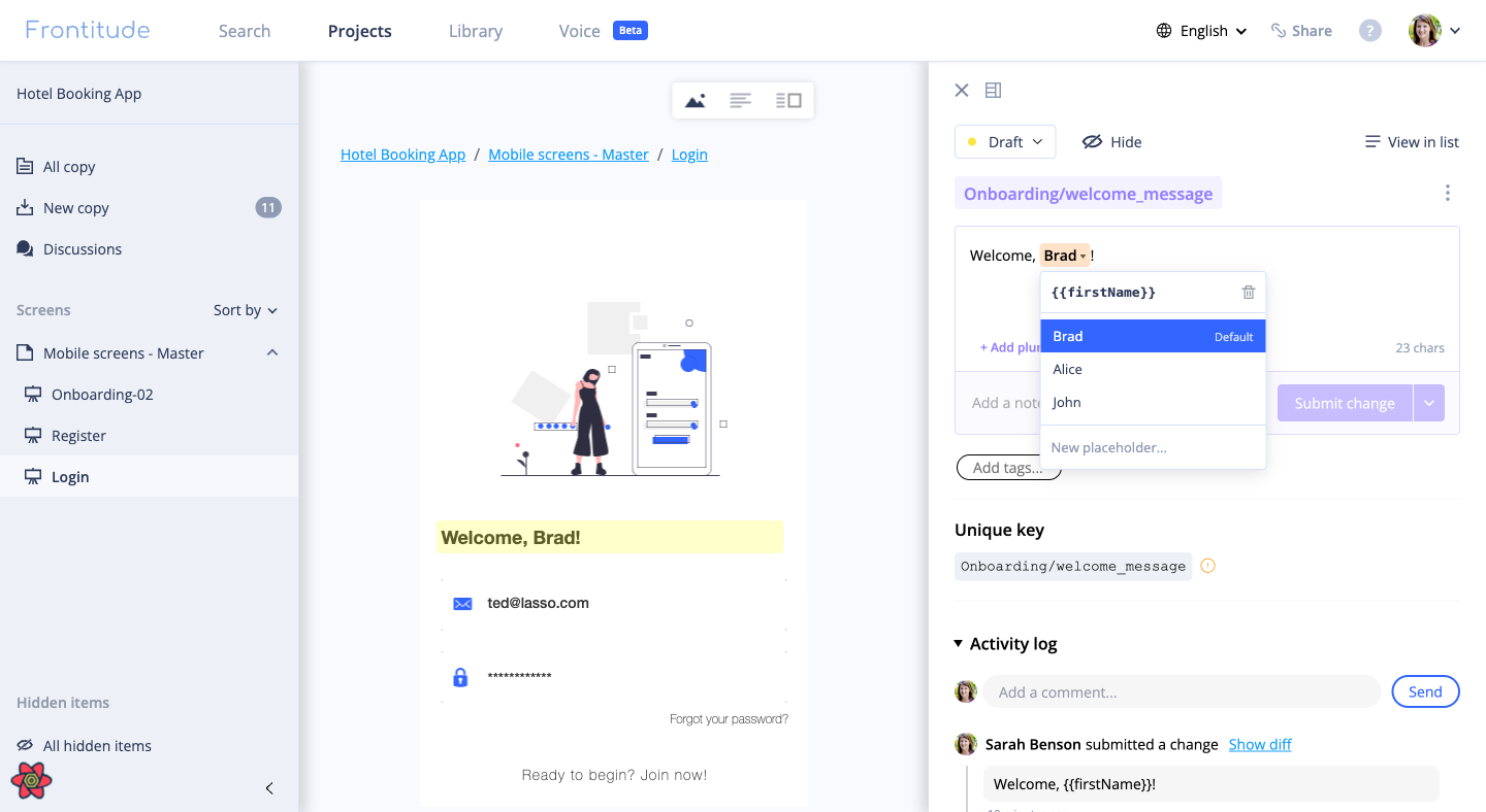 Project instance showing variable chip dropdown with placeholder options including Brad (Default), Alice, and John
