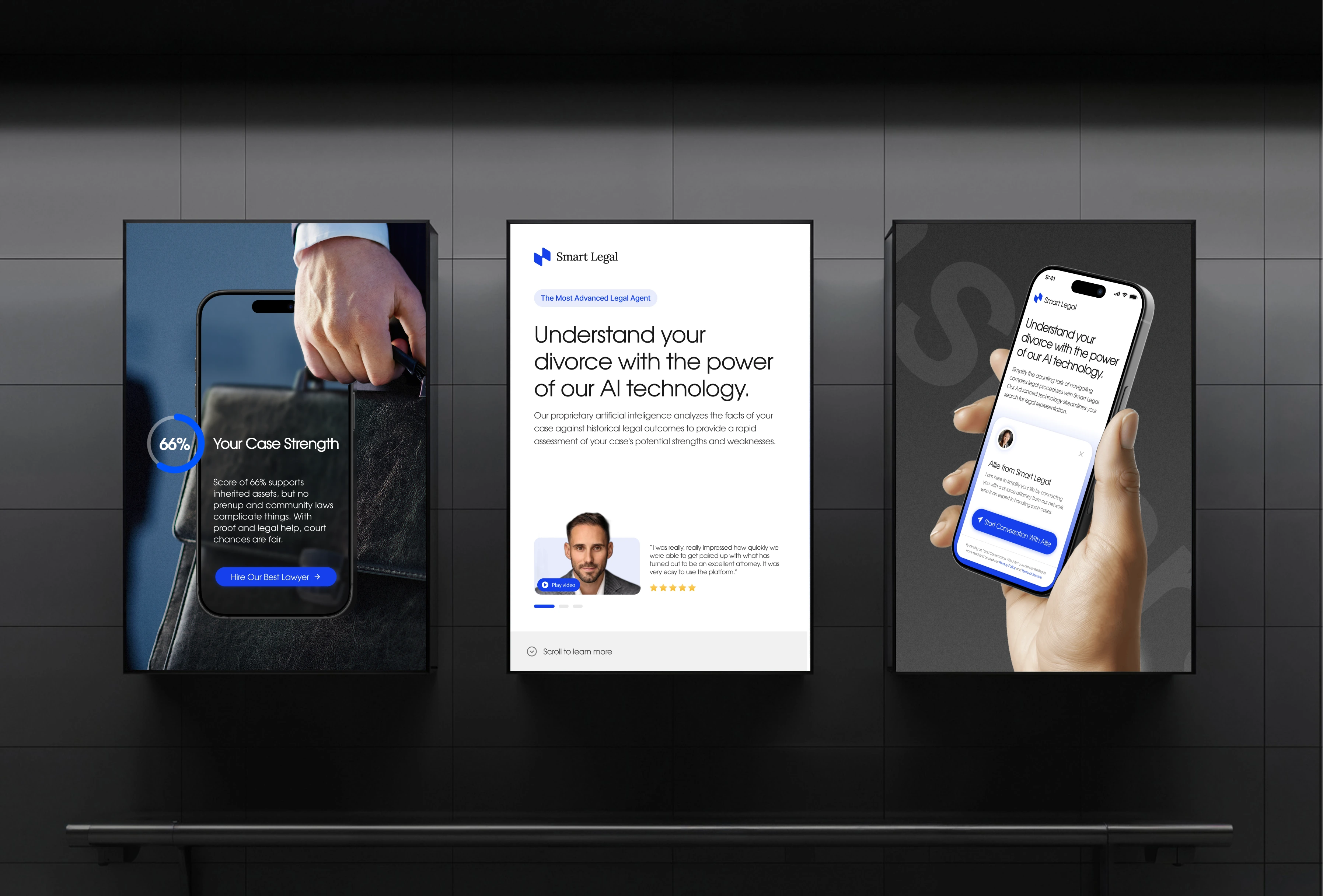 Three digital posters in a sleek black environment showcase Smart Legal’s legal tech platform. One shows a 66% case strength badge, another highlights a headline about AI-powered support with a lawyer’s photo, and the third displays the mobile version of the tool held in a hand—presenting a polished and trustworthy legal experience.