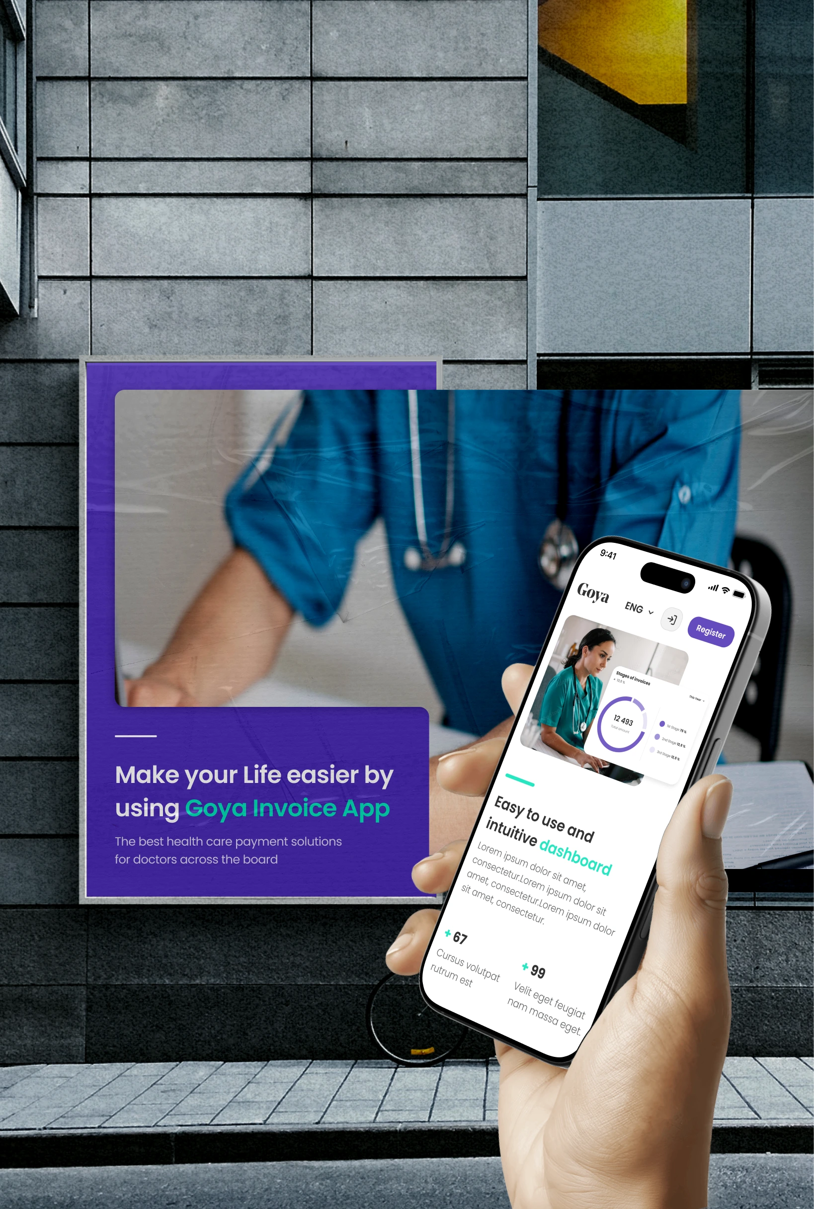 A hand holds a phone in front of a hospital-like setting, showing a medical invoice app with the callout “Make your life easier by using Goya Invoice App.” A framed poster of the same interface is seen in the background, indicating the tool’s use in streamlining healthcare billing.