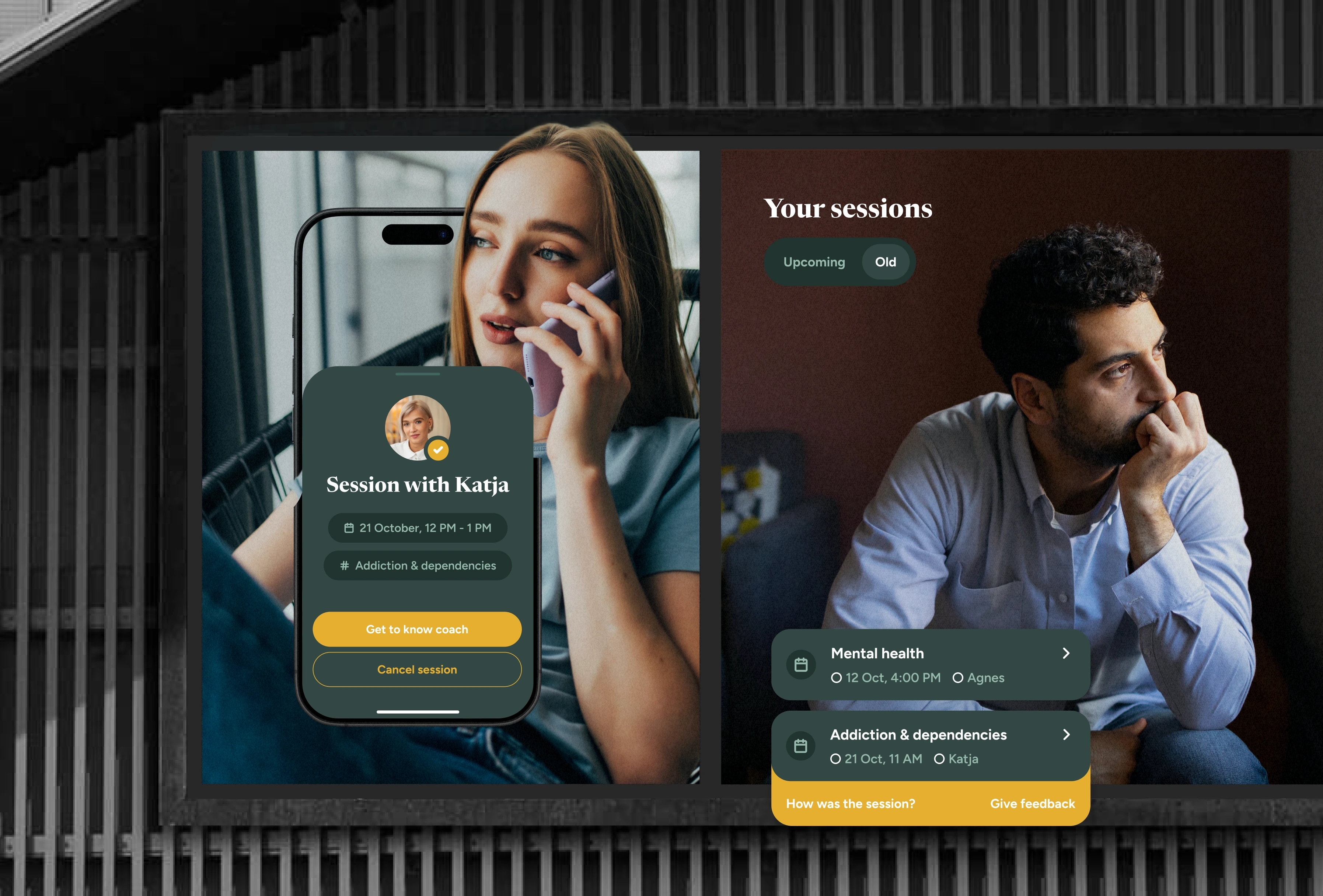 A mental health app interface showing a session booking screen and therapy categories, with two users in a split view.