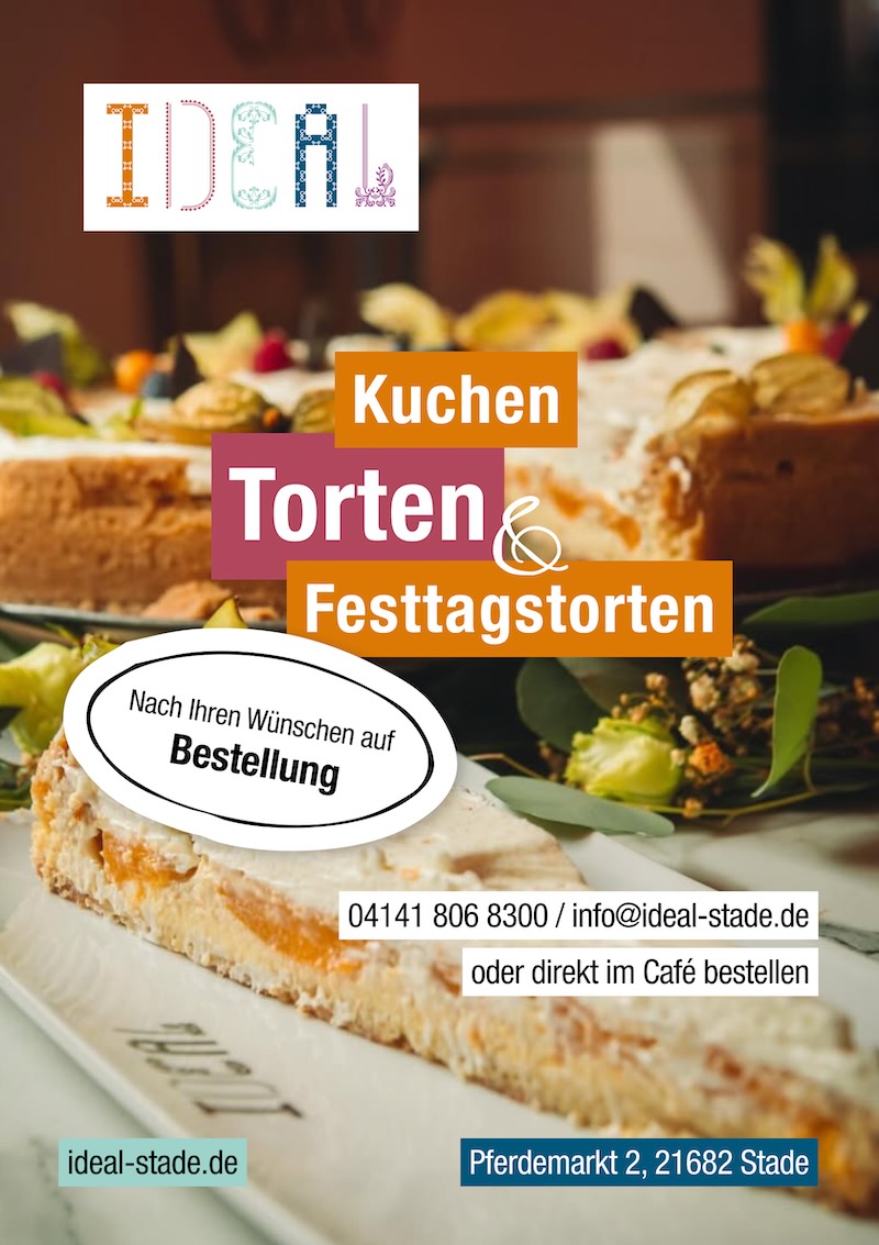 Flyer: Kuchen, Torten und Festtagstorten bestellen im Café IDEAL am Pferdemarkt in Stade