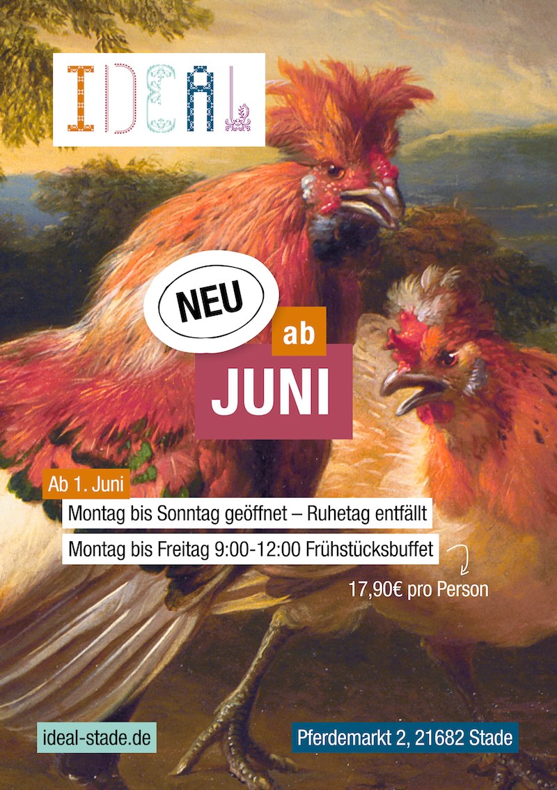 Flyer: Ab Juni 2026 hat das Café IDEAL in Stade von Montag bis Sonntag geöffnet, von Montag bis Freitag gibt es ein Frühstücksbuffet