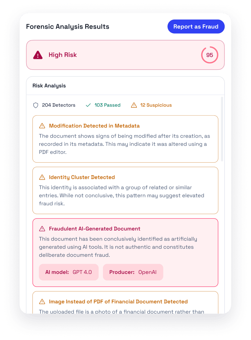 Forensic analysis results showing high risk with a score of 95, highlighting risks such as metadata modification, identity cluster detection, fraudulent AI-generated document by GPT 4.0 from OpenAI, and image instead of PDF of financial document.