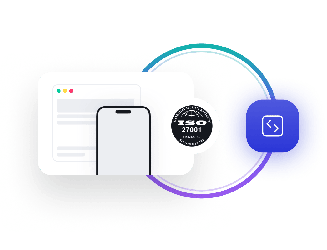 Illustration showing a web browser window and smartphone with an ISO 27001 certification badge, connected by colorful circular lines to a coding icon.