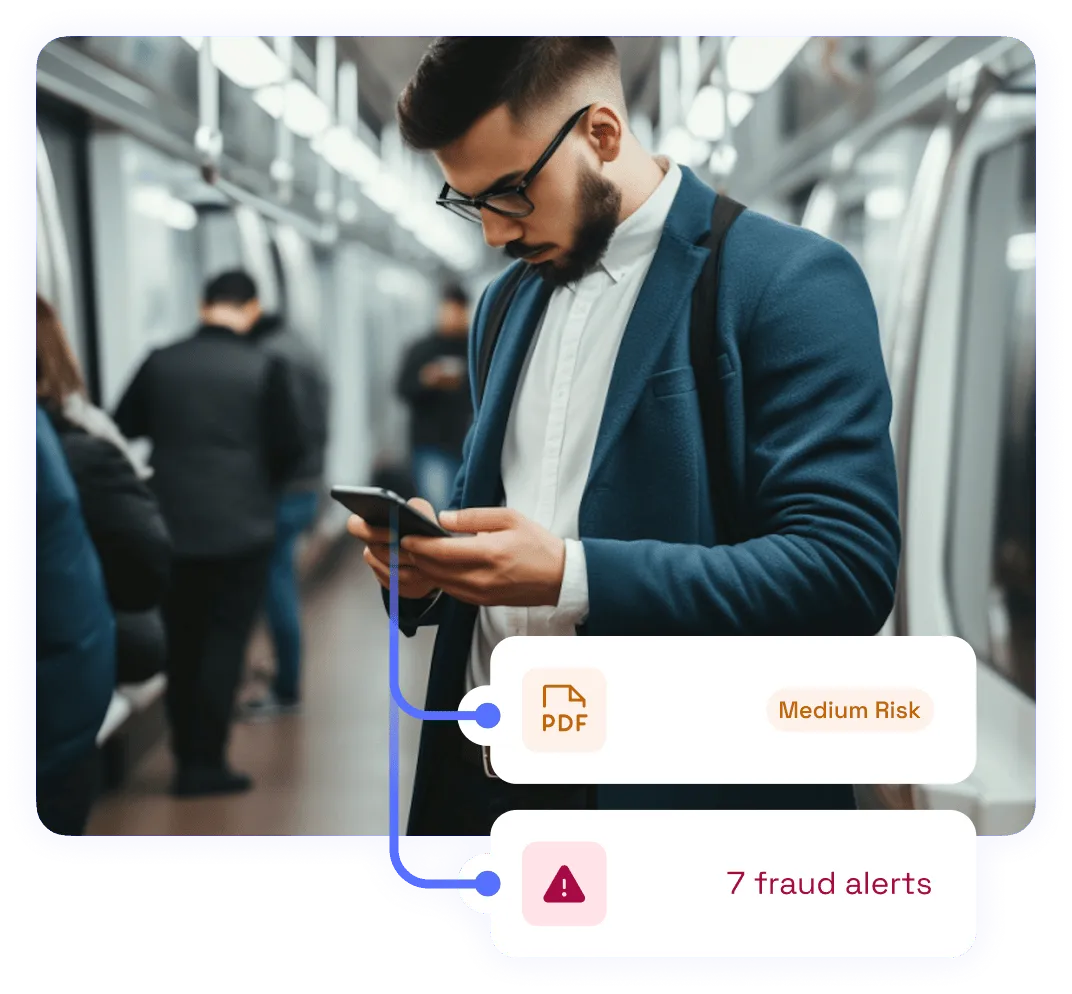 Man in glasses and blue jacket looking at his phone in a subway with indicators showing medium risk PDF and 7 fraud alerts.