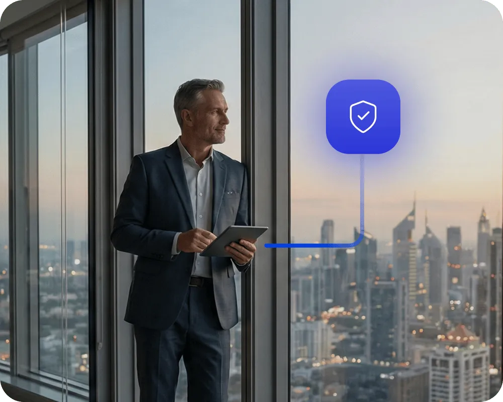 Man in suit holding a tablet standing by a large window overlooking a cityscape at dusk with a floating shield icon representing security.