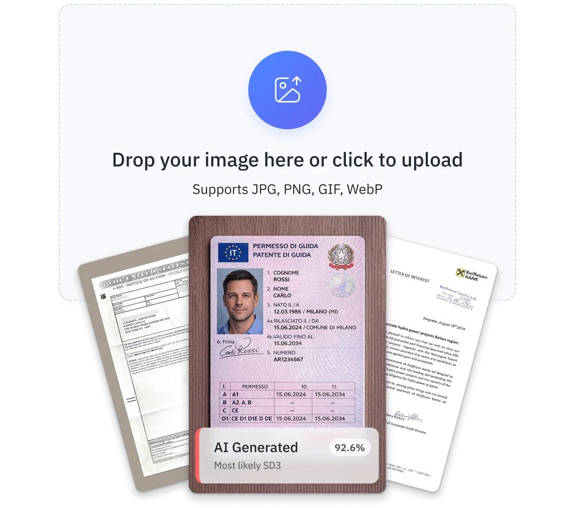 Interface prompting to drop or click to upload images supports JPG, PNG, GIF, WebP with a sample Italian driver's license and documents beneath, showing AI-generated authenticity score of 92.6%.