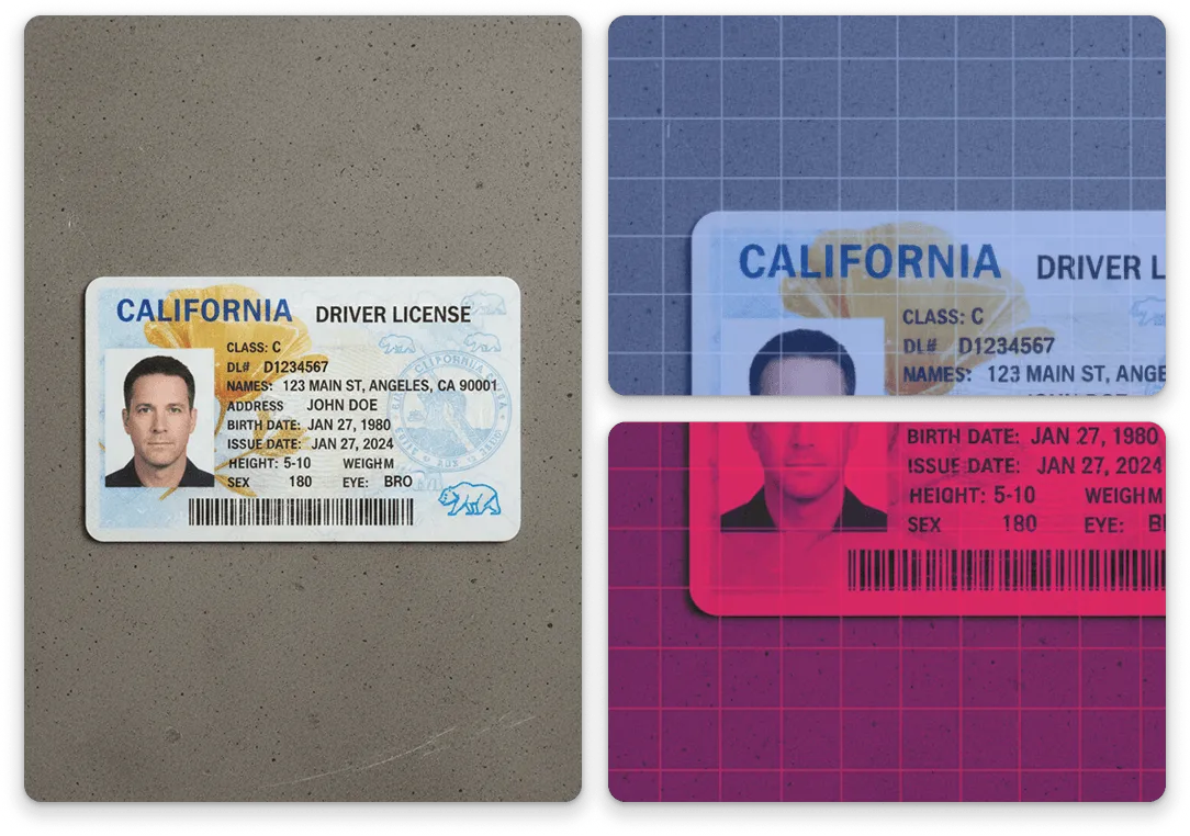 California driver license with photo of a man showing details like class C, ID number, address, birth date, and issue date.