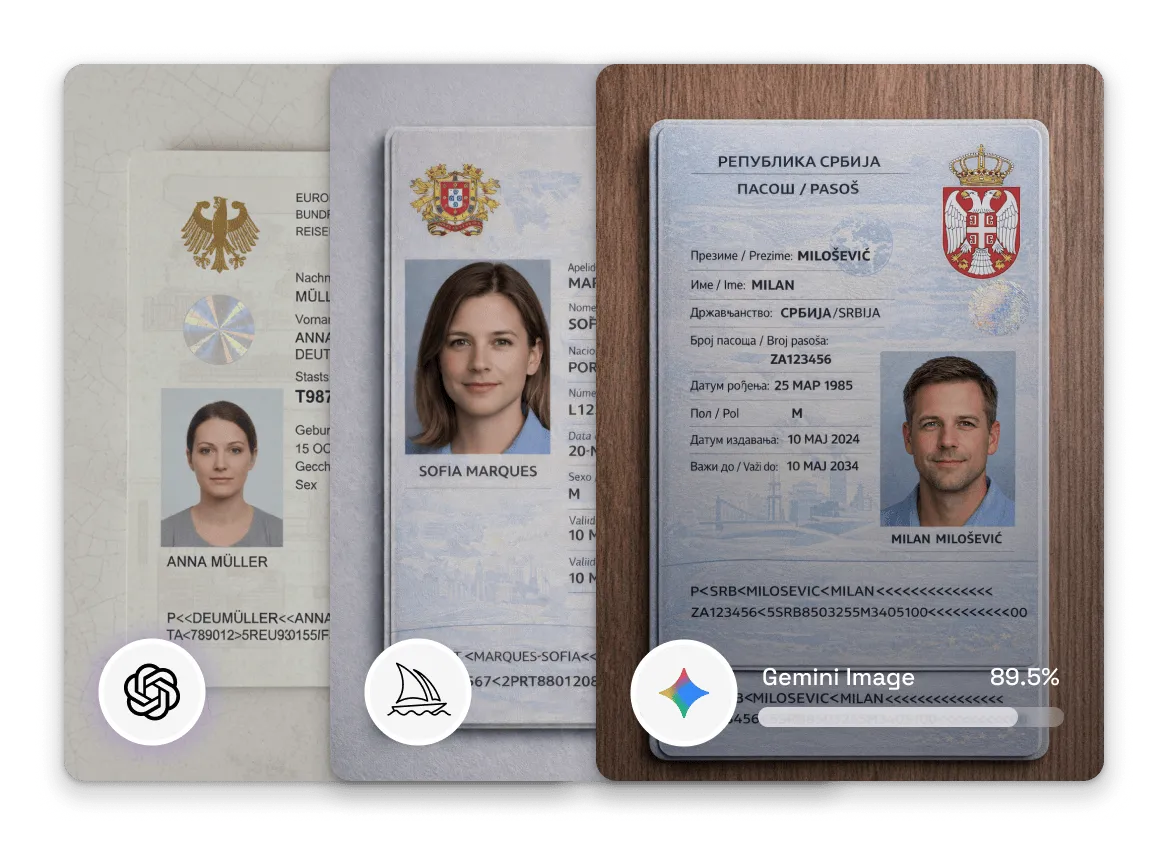 Three European passports partially overlapping, showing ID photos and details.