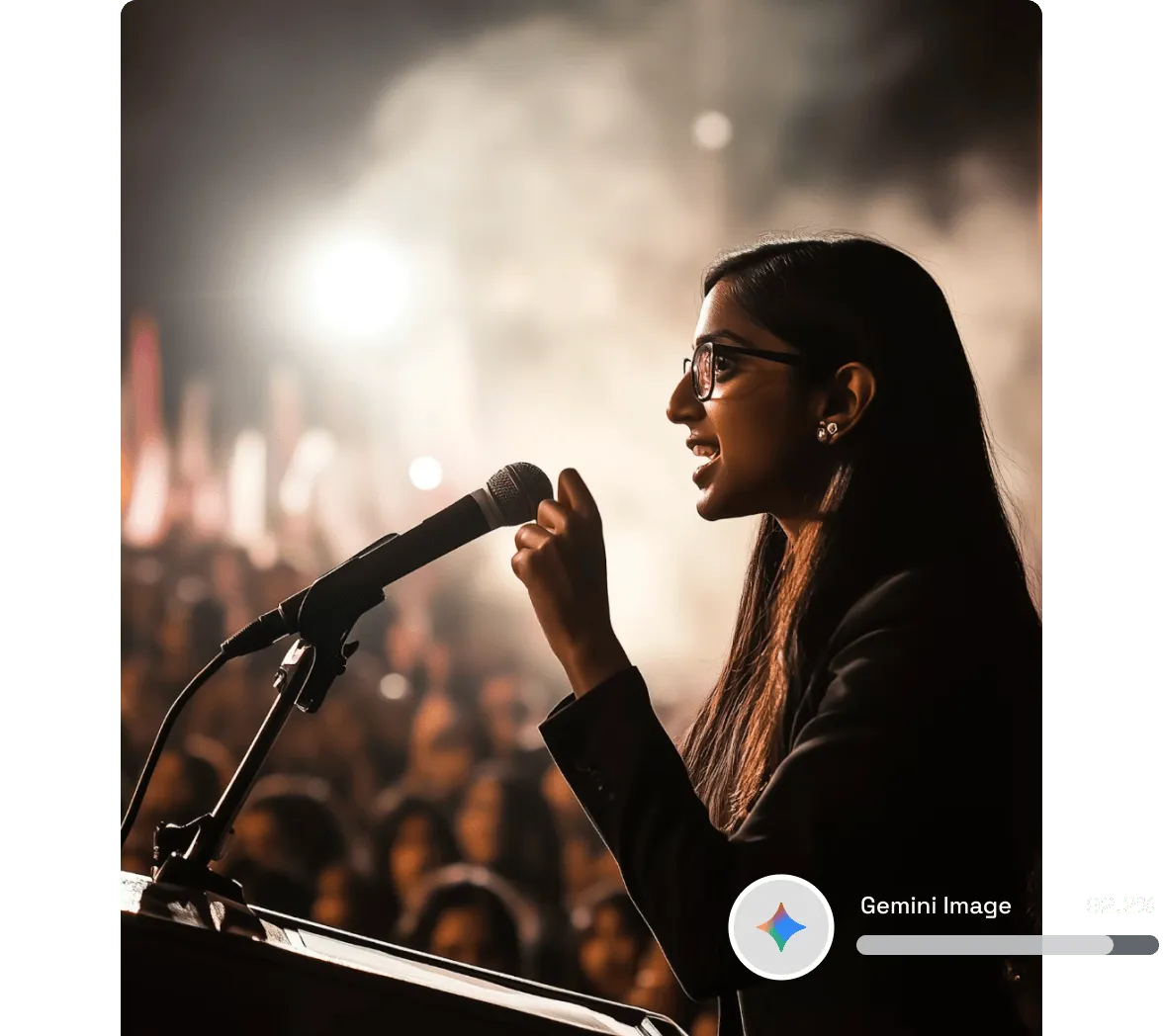A young woman with glasses speaking passionately into a microphone at a podium in front of a blurred audience.