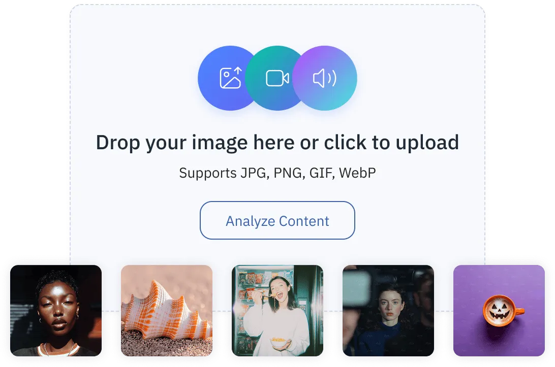 Upload interface with icons for image, video, and audio upload and sample images of a woman, seashell, person eating, another woman, and a cup of coffee with a pumpkin face design.