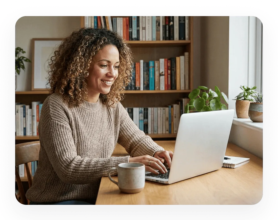 Woman with curly hair smiling and typing on a laptop at a wooden desk with a coffee mug and potted plants nearby.