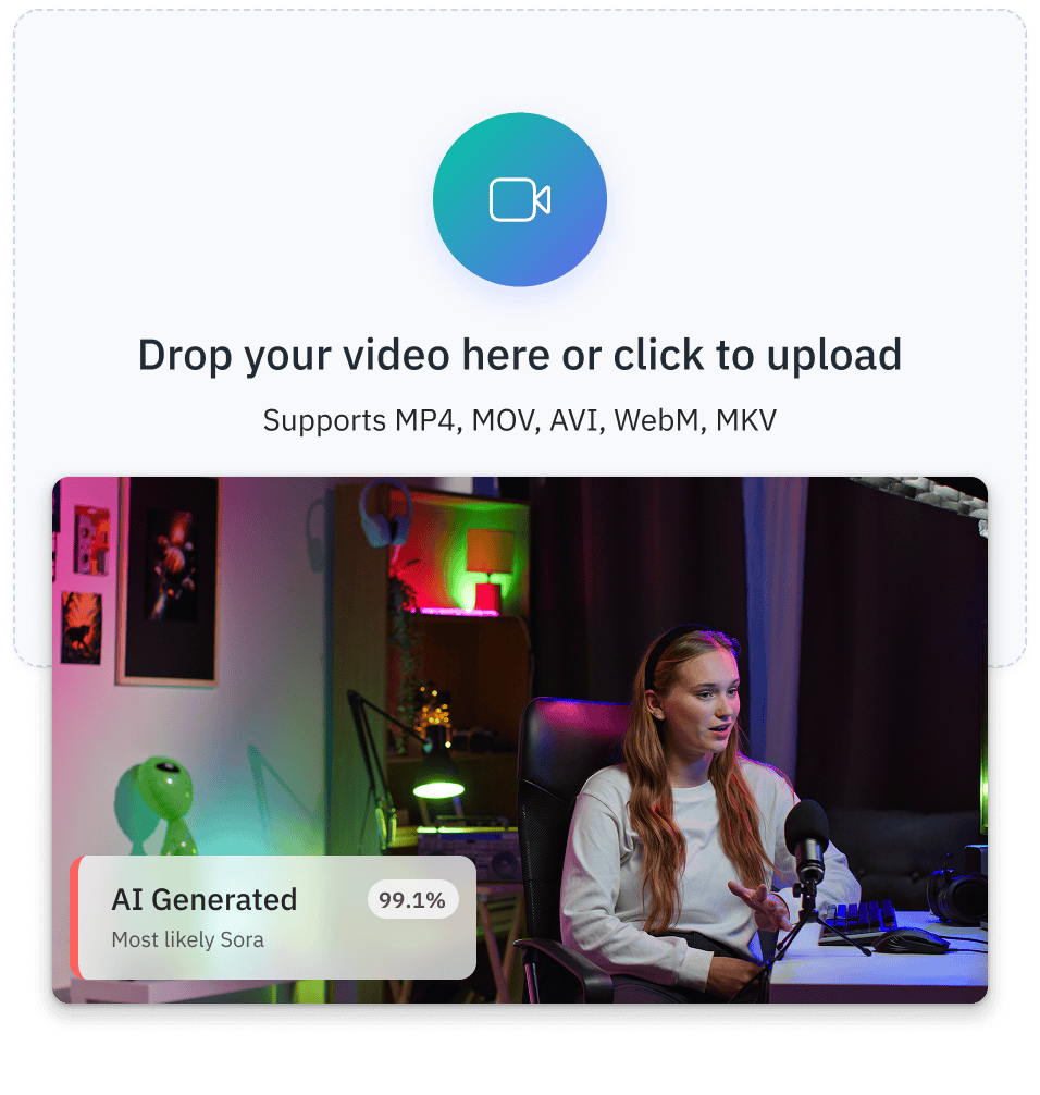 Video upload interface with a woman speaking into a microphone in a colorful, dimly lit room, labeled AI Generated with 99.1% confidence.