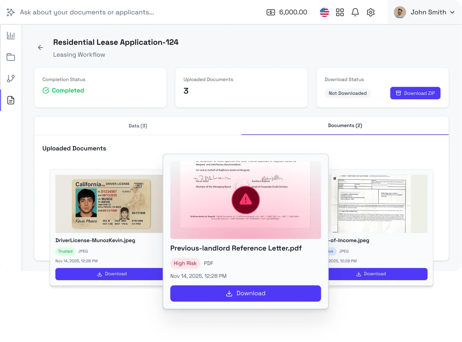 Dashboard showing a Residential Lease Application with three uploaded documents including a trusted California driver's license, a high risk previous landlord reference letter, and an income document, each with download buttons.