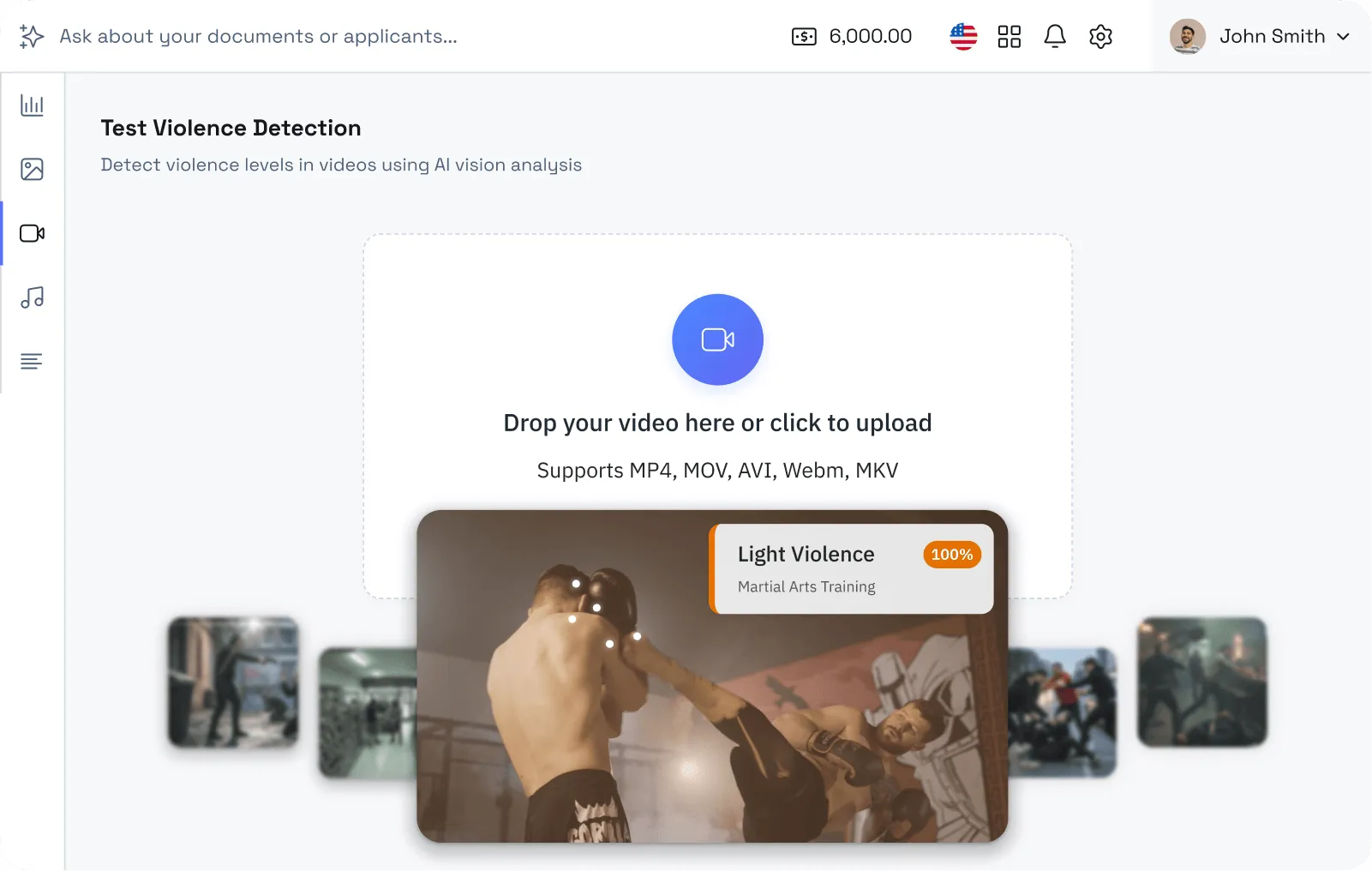 Interface for violence detection showing video upload area and analysis result indicating 100% light violence during martial arts training.