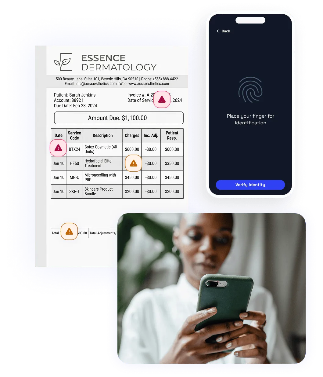 Composite image showing a dermatology bill with highlighted alerts, a phone screen prompting fingerprint identity verification, and a person holding a smartphone.