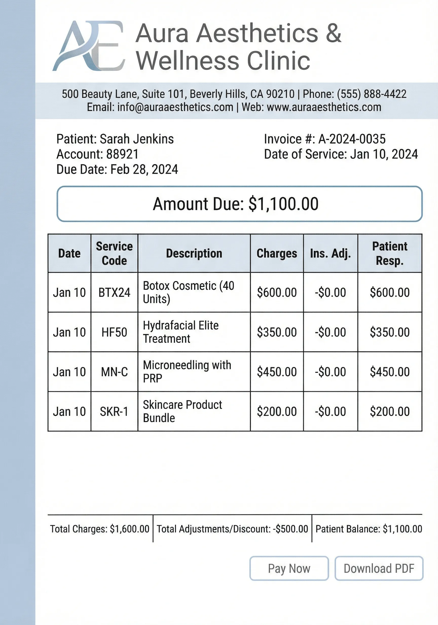 Invoice from a Clinic for patient with a total amount due of $1,100.