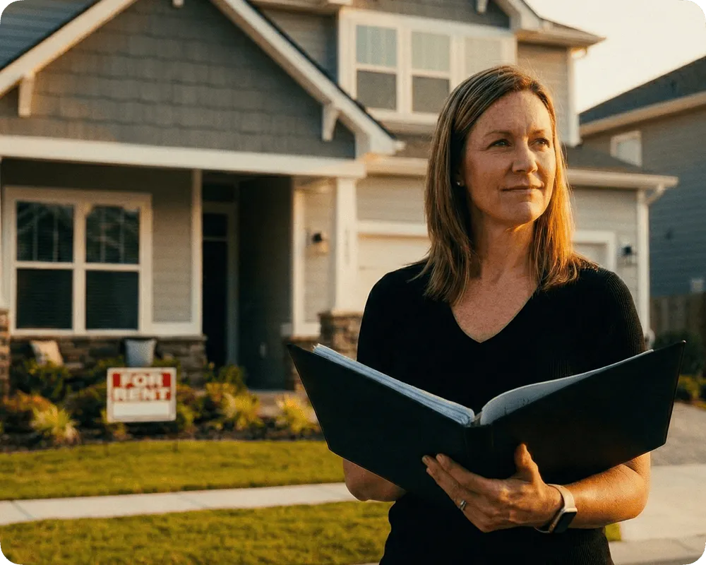 Woman holding an open black folder standing outside a house with a for rent sign on the lawn.