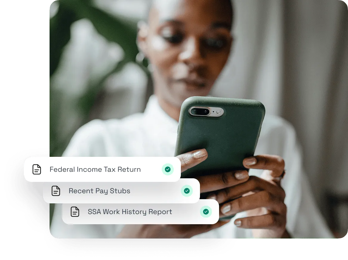 Person holding a smartphone with icons and text overlays for federal income tax return, recent pay stubs, and SSA work history report.