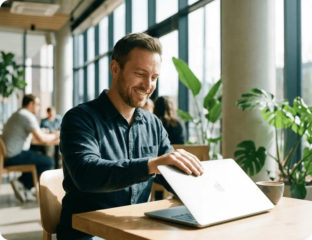 Smiling man closing a silver laptop at a wooden table in a bright room with large windows and green plants.