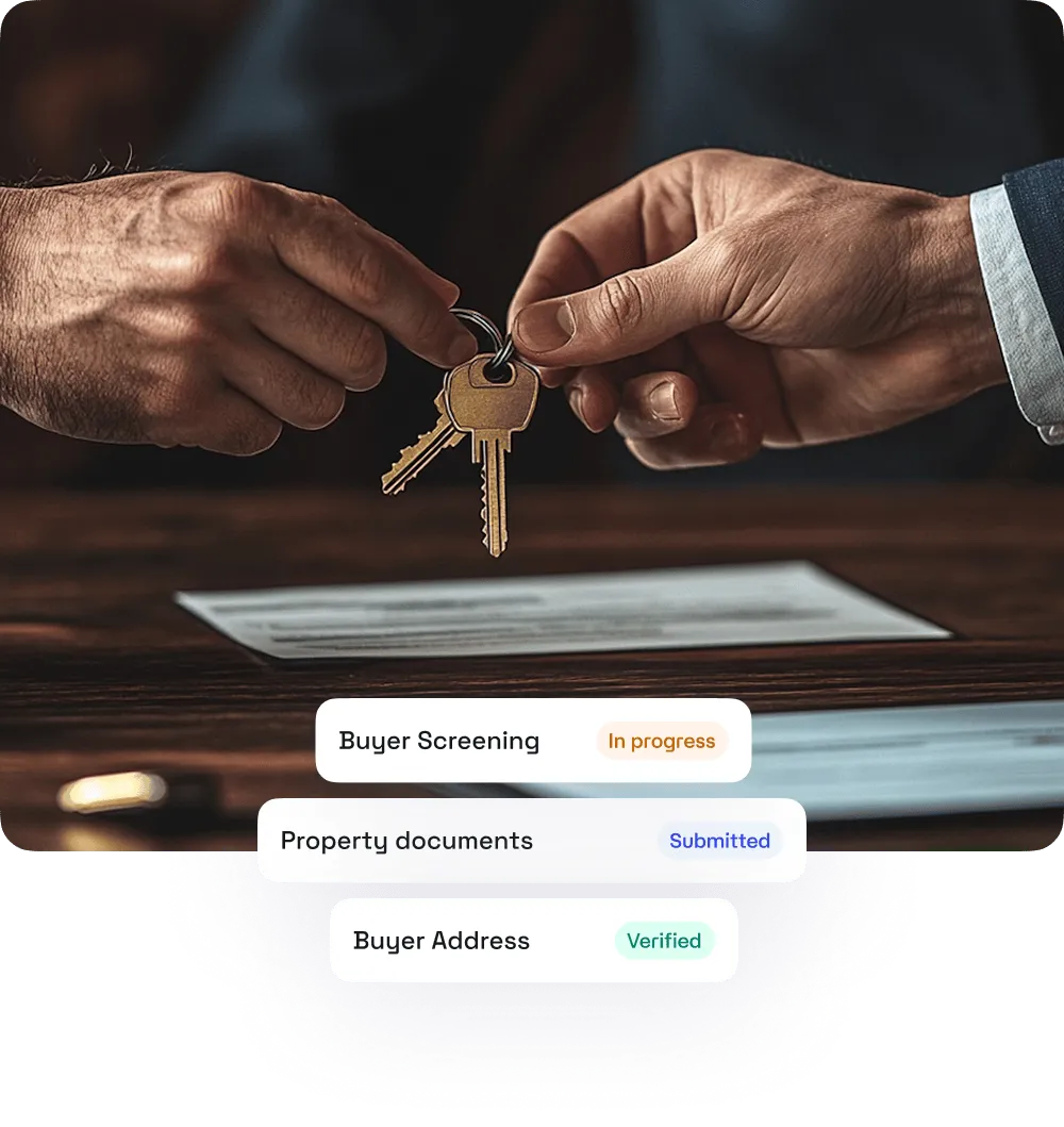 Two hands exchanging a set of keys over a table with documents, with status labels reading Buyer Screening in progress, Property documents submitted, and Buyer Address verified.