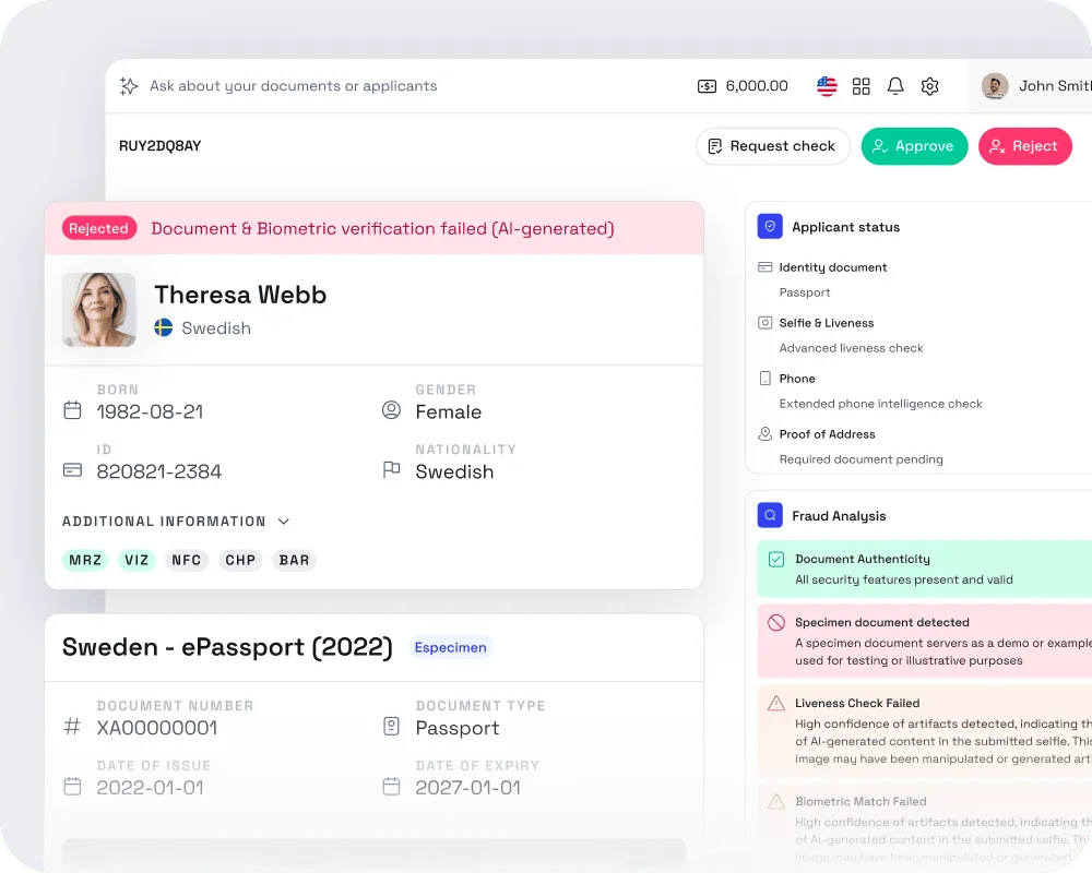 User interface showing rejected document and biometric verification, with passport details and fraud analysis results indicating specimen document detected and failed liveness and biometric match checks.