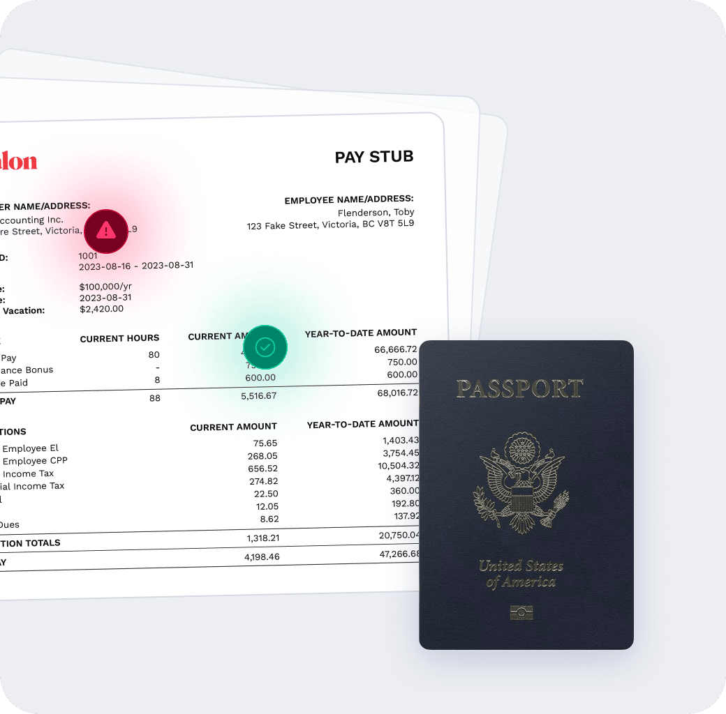 U.S. passport placed over a pay stub document showing employee details and earnings.