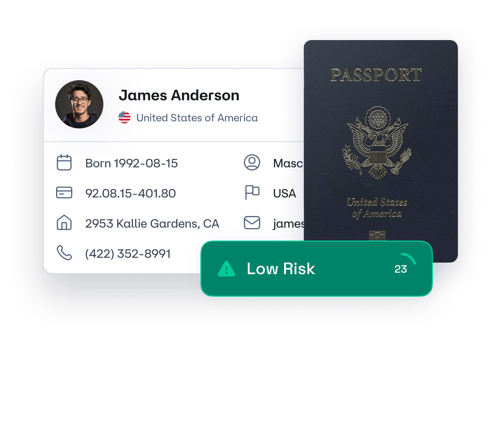 Digital ID card including birthdate, address, phone number, and email, with a US passport and a low risk alert.