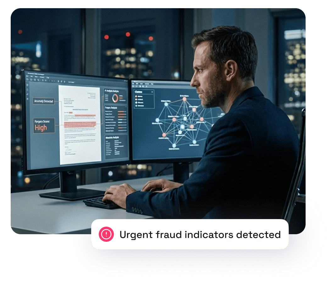 Man in a suit analyzing fraud detection data on dual computer monitors in a dark office.