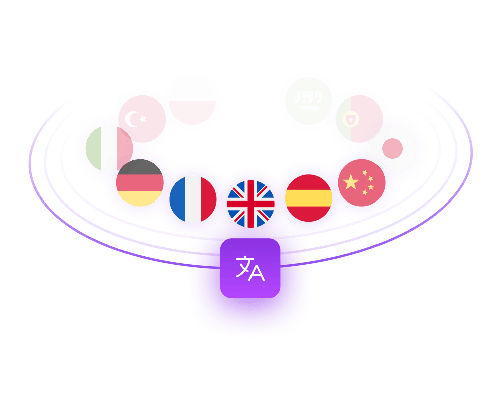 Icon with a central purple translation symbol surrounded by circular flags representing various countries including the UK, France, Germany, Spain, China, Japan, Turkey, Italy, Poland, Saudi Arabia, and others.