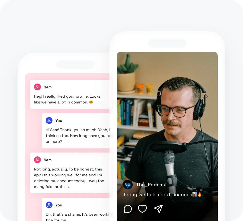 Split screen showing a dating app conversation on the left and a man with glasses and headphones speaking into a microphone for a podcast on the right.