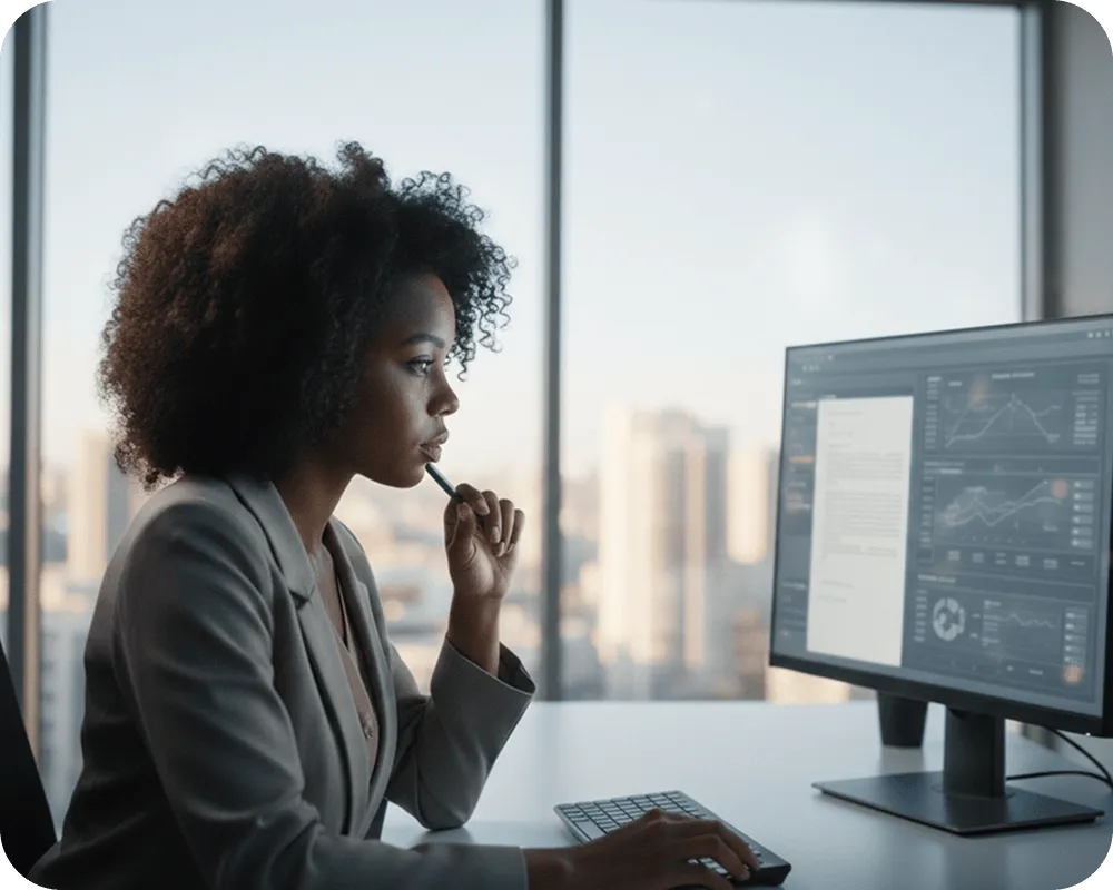 Woman in a gray blazer sitting at a desk, thoughtfully looking at a computer screen displaying data charts and graphs.
