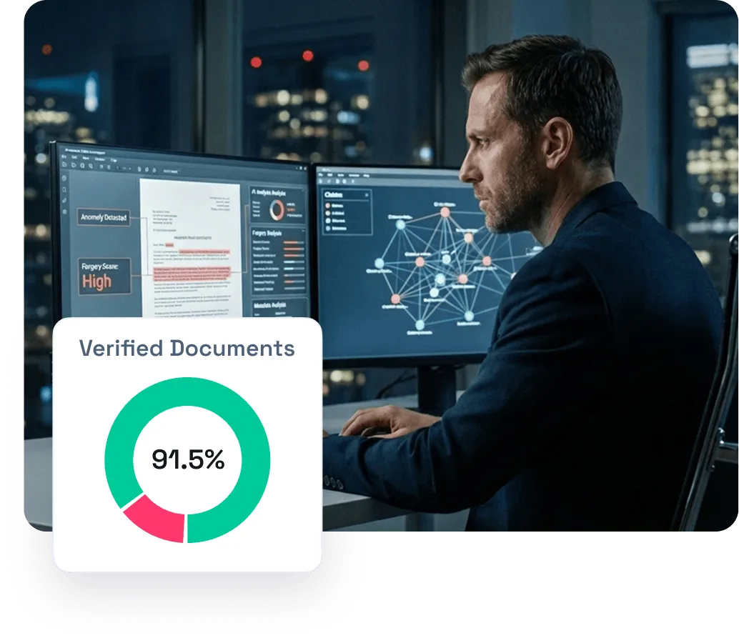 Man working at a desk with two monitors displaying document analysis and network data, inset shows 91.5% verified documents.