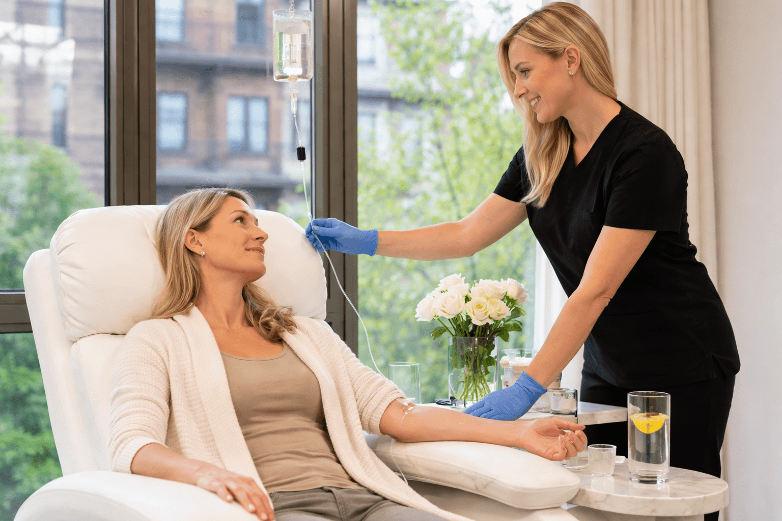 Medical IV infusion therapy session at Dr. Renée Moran Medical Aesthetics in Newton Centre, Massachusetts
