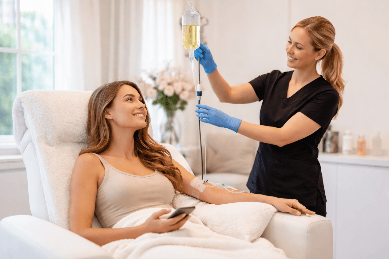 Patient receiving IV infusion therapy at Dr. Renée Moran Medical Aesthetics in Newton Centre, Massachusetts
