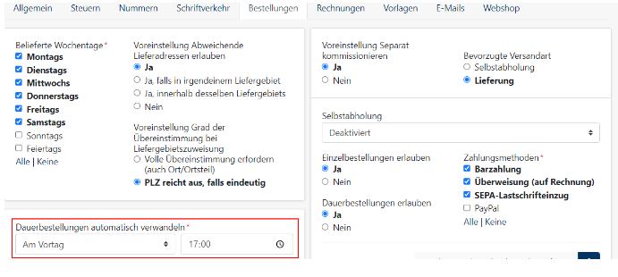 Bestellungen Voreinstellungen Dauerbestellungen