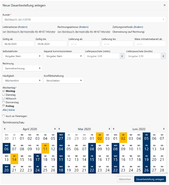 Neue Dauerbestellung anlegen Kalender