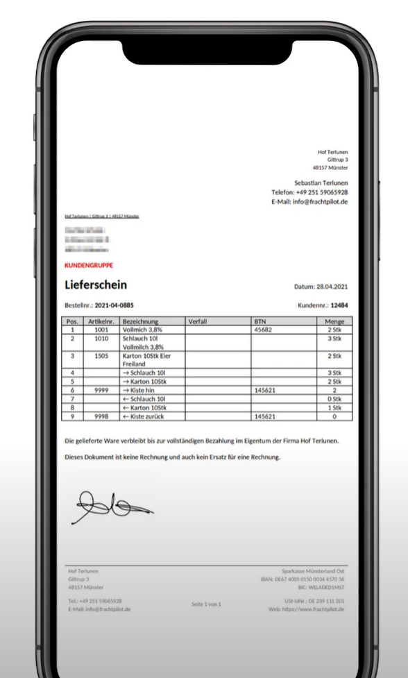 Lieferscheinvorlage mit der Liefer-App von FrachtPilot