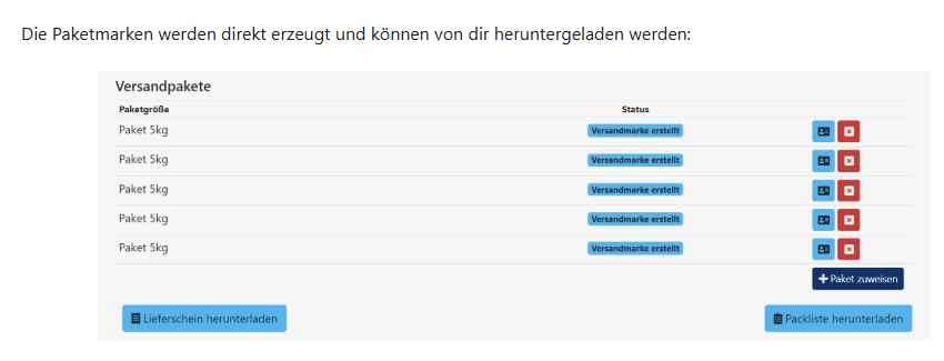 Paketmarken direkt erzeugen und herunteraden mit FrachtPilot Versandpakete Paketgröße Lieferschein herunterladen Packliste herunterladen