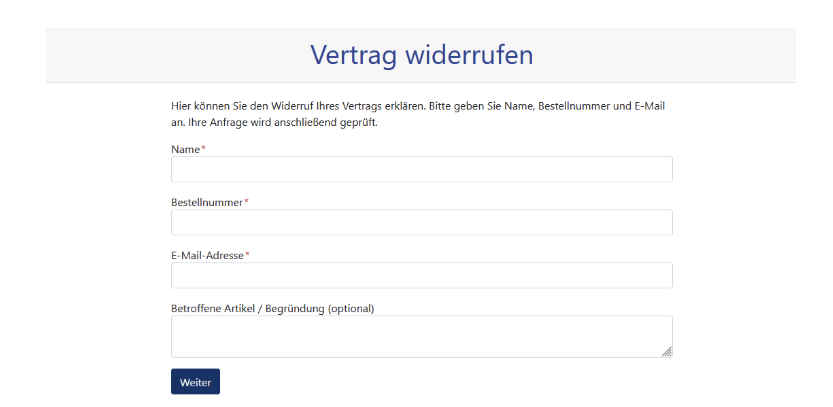 Widerrufsformular Widerrufsbutton Webshop
