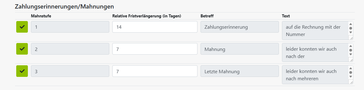 Zahlungserinnerungen/Mahnungen Kundeneinstellungen