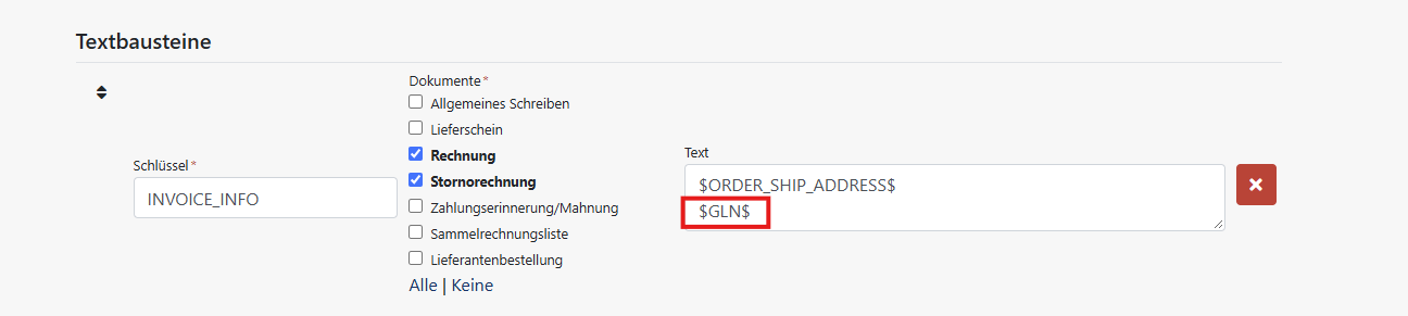 GLN als Textbaustein auf Vorlagen in das Textfeld mit den Rechnungsinformationen einfügen
